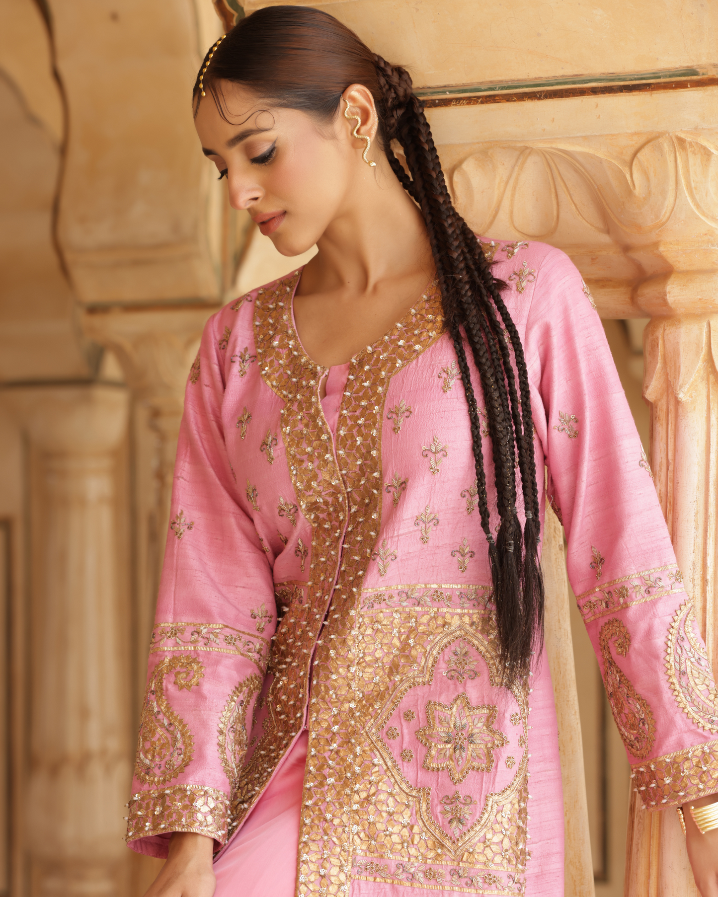 Silk Jacket Set With With Gota Work