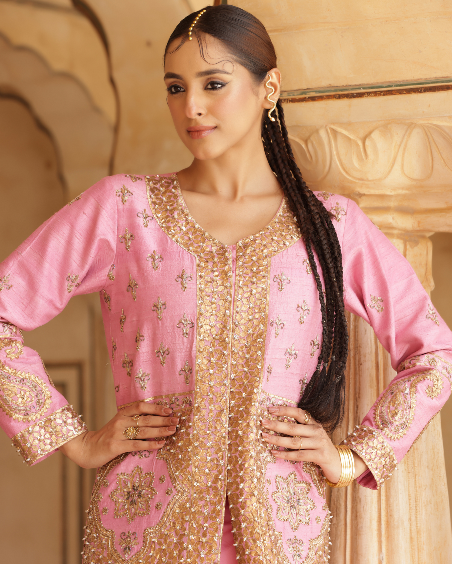 Silk Jacket Set With With Gota Work