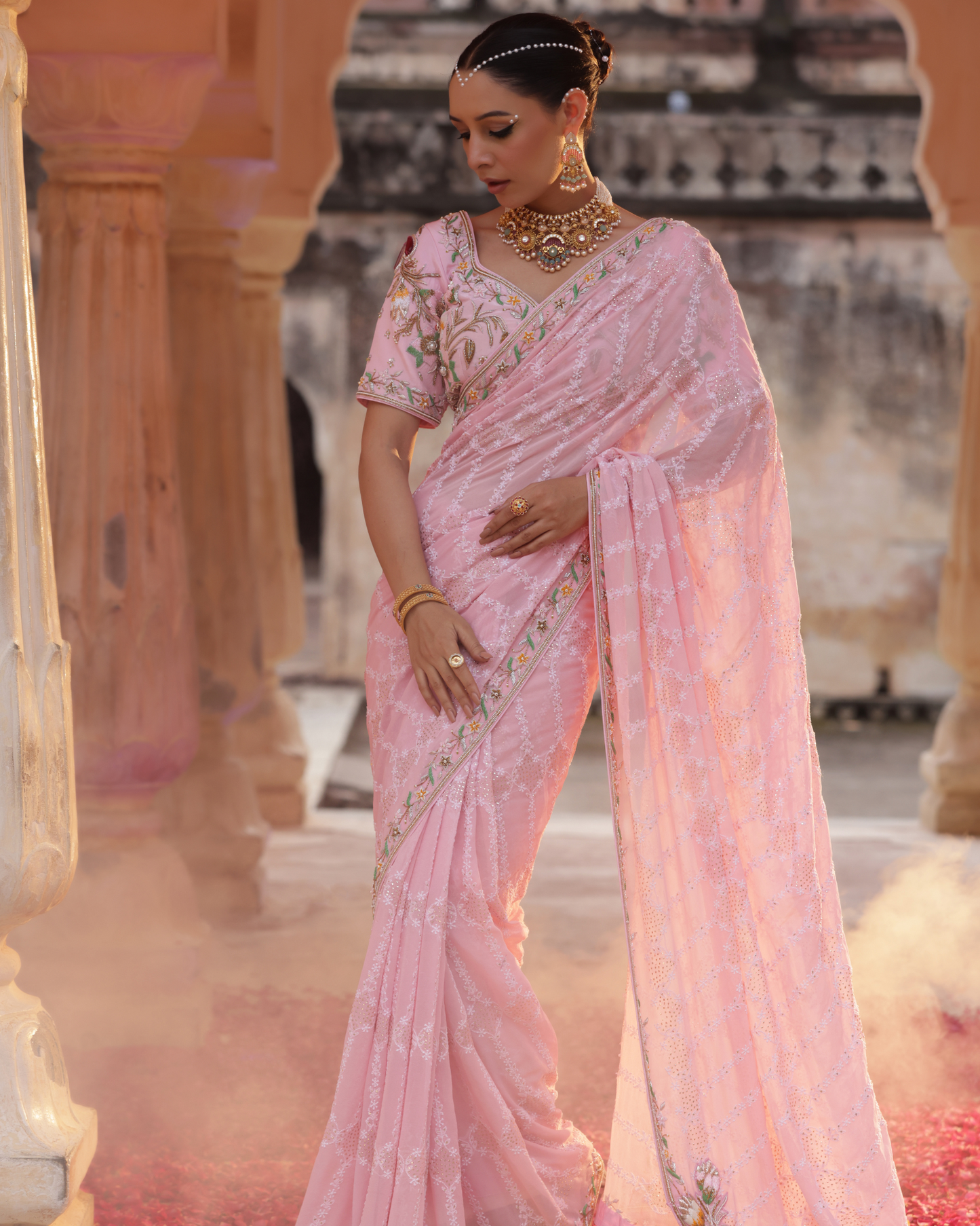 Georgette Saree With Chikankari And Zardozi Work
