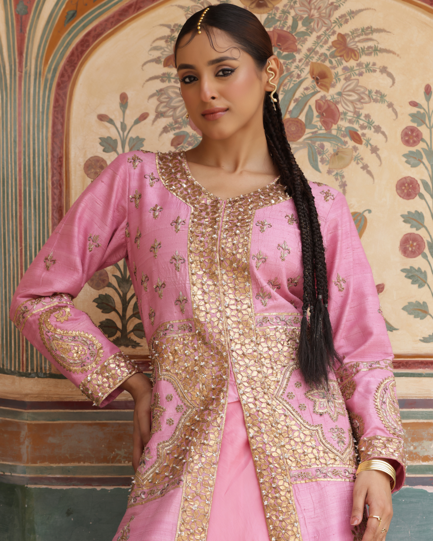 Silk Jacket Set With With Gota Work