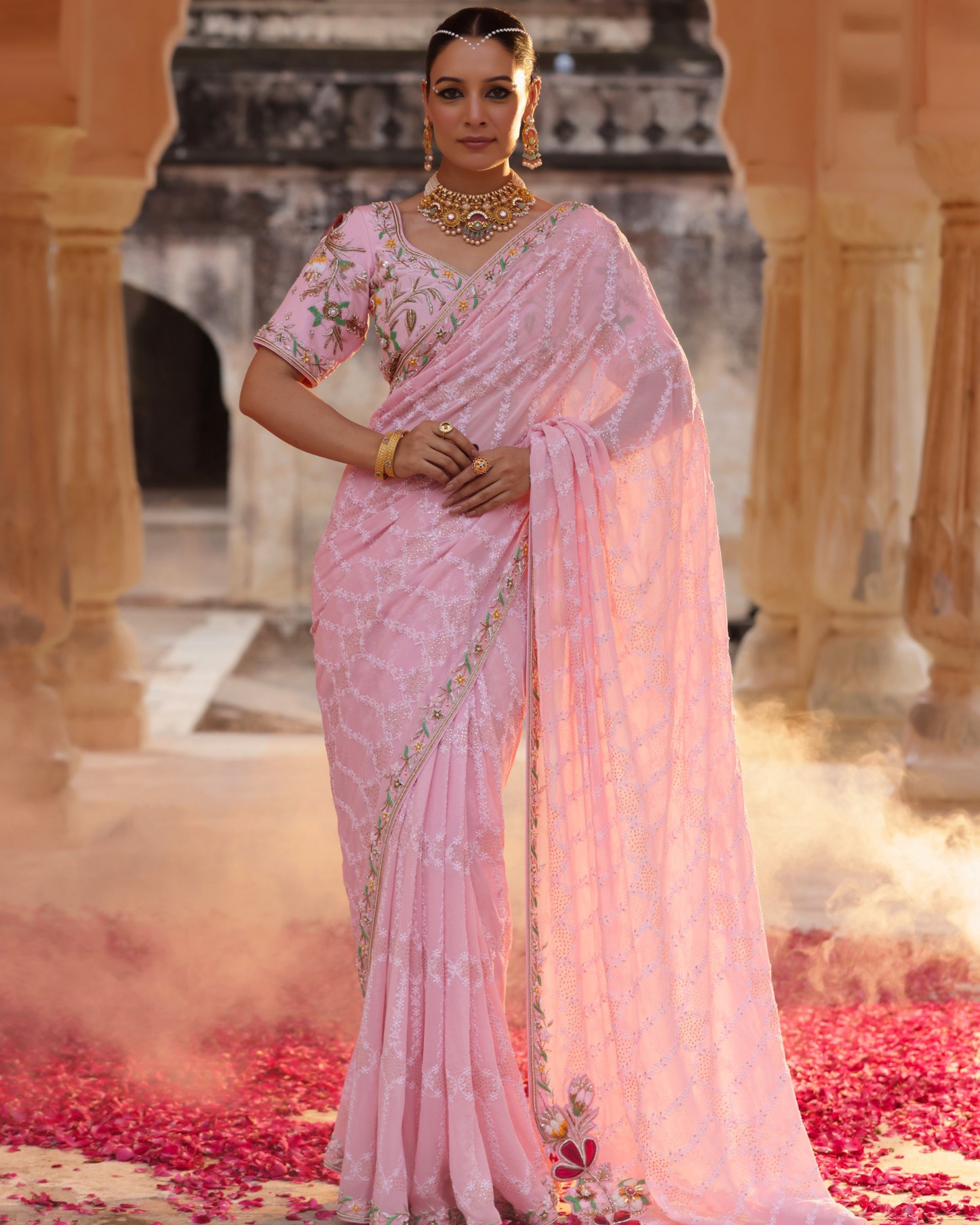 Georgette Saree With Chikankari And Zardozi Work