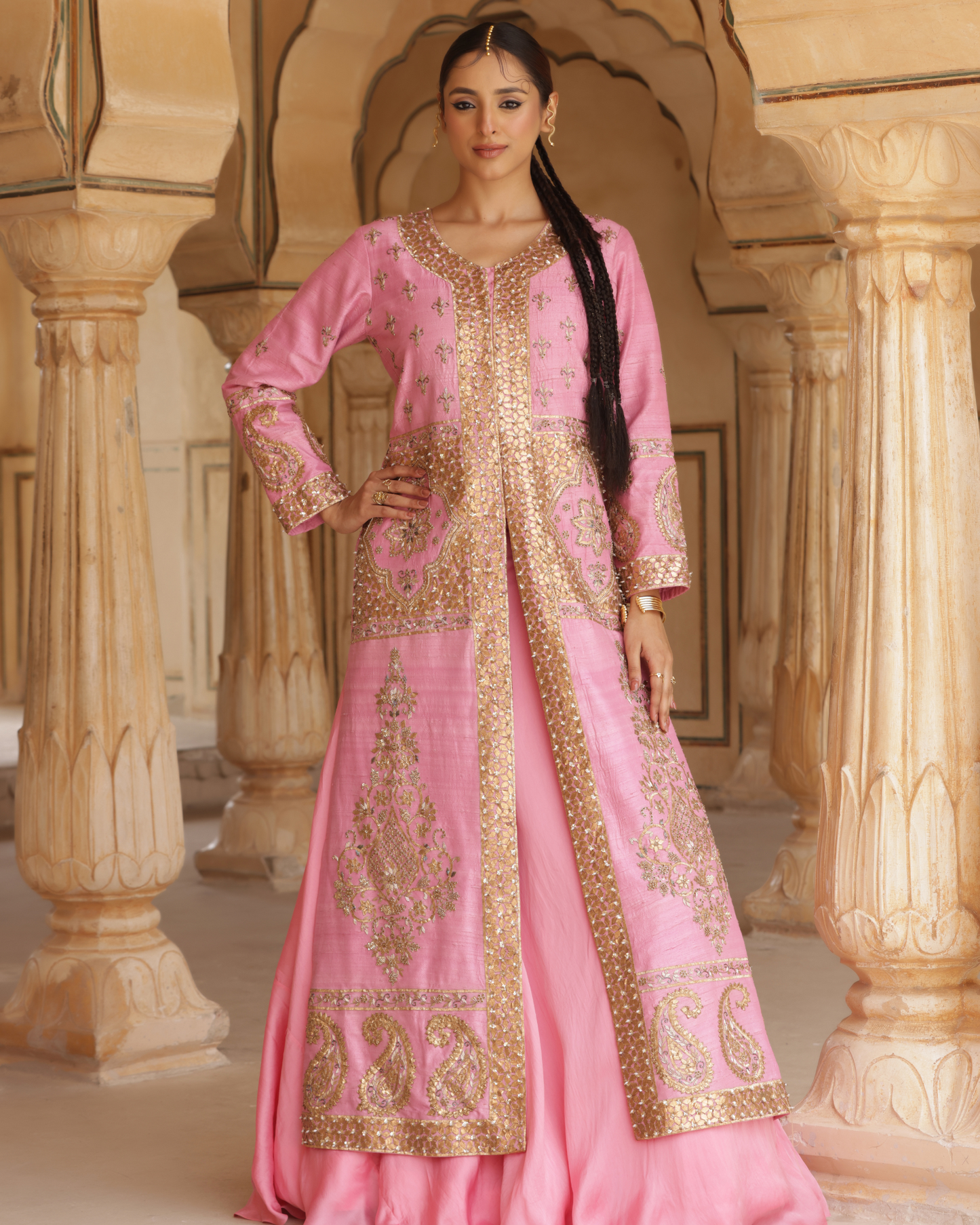 Silk Jacket Set With With Gota Work