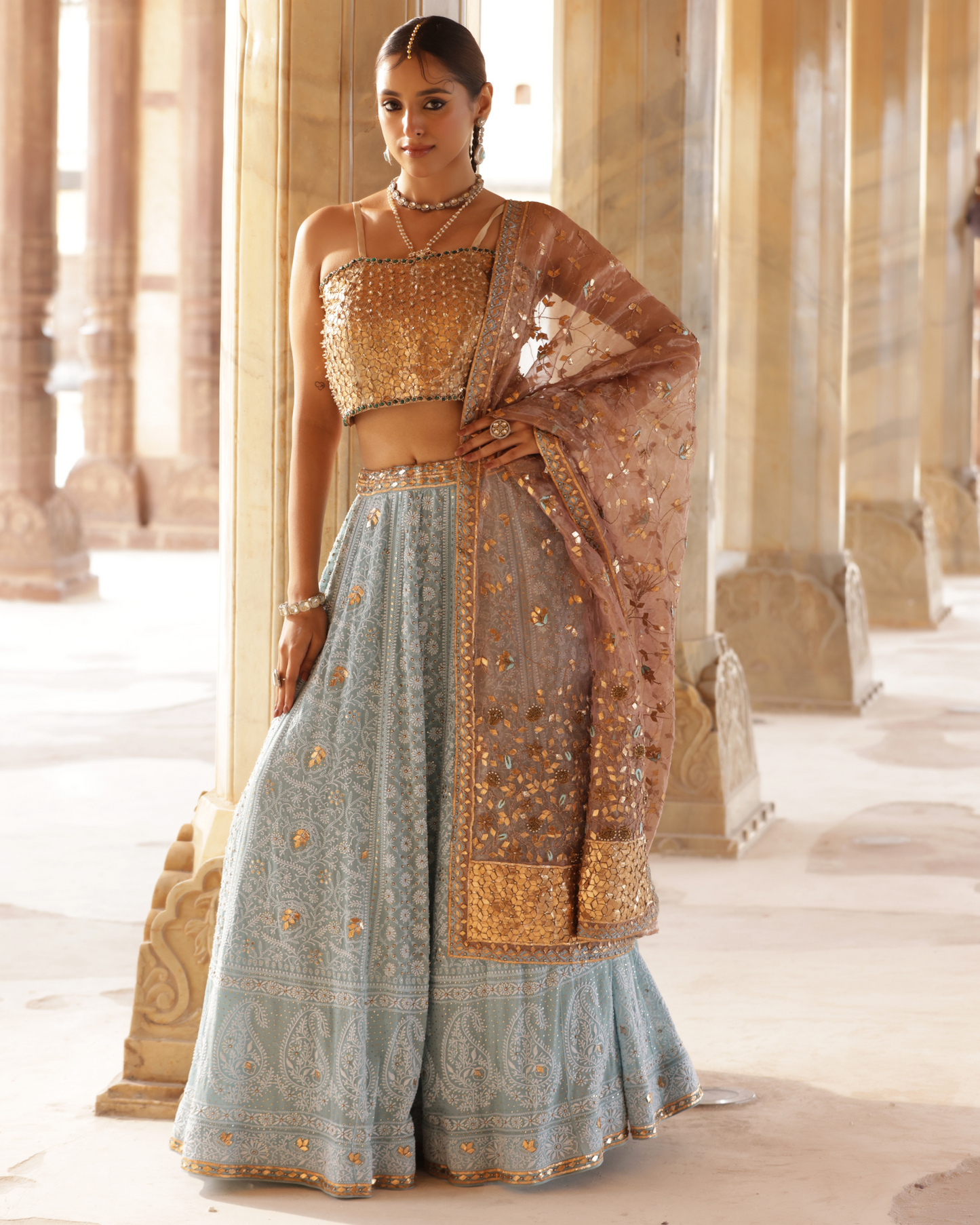 Contrasting Chikankari Lehenga Set