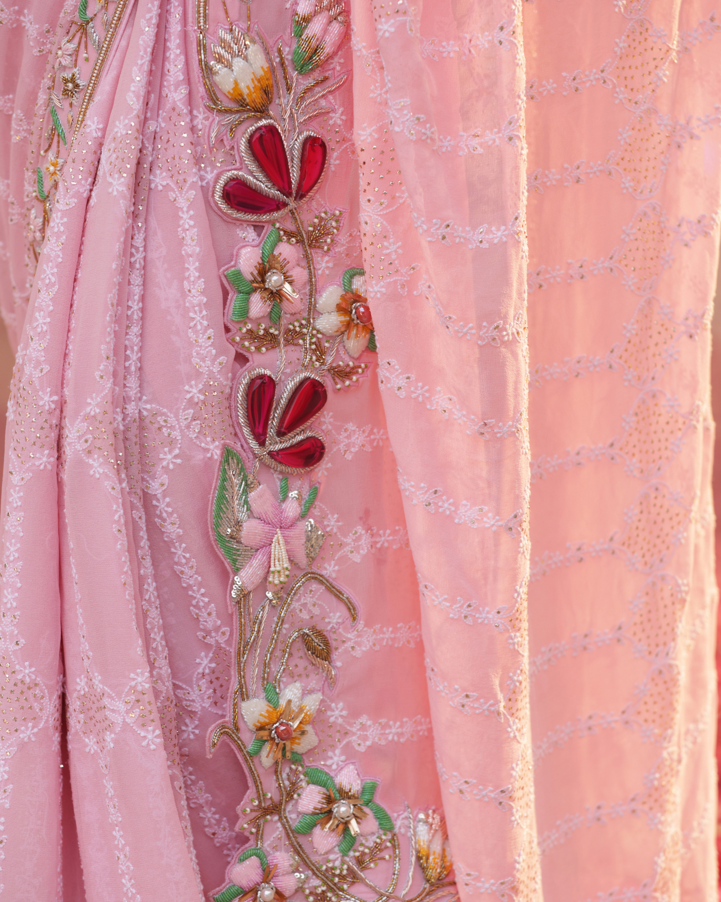 Georgette Saree With Chikankari And Zardozi Work