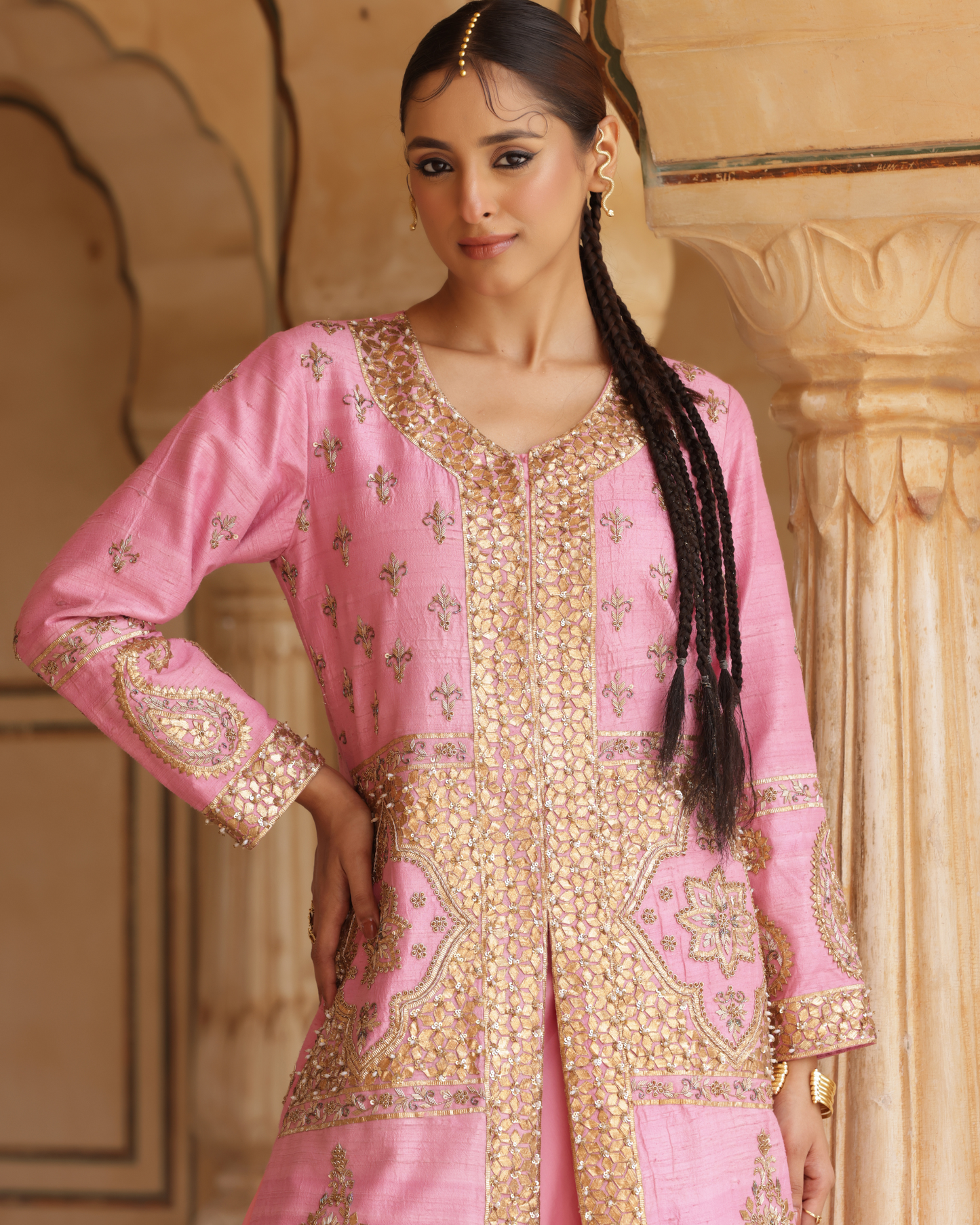 Silk Jacket Set With With Gota Work