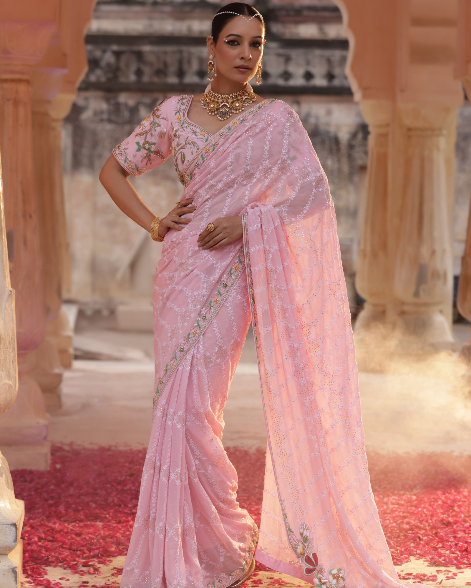 Georgette Saree With Chikankari And Zardozi Work