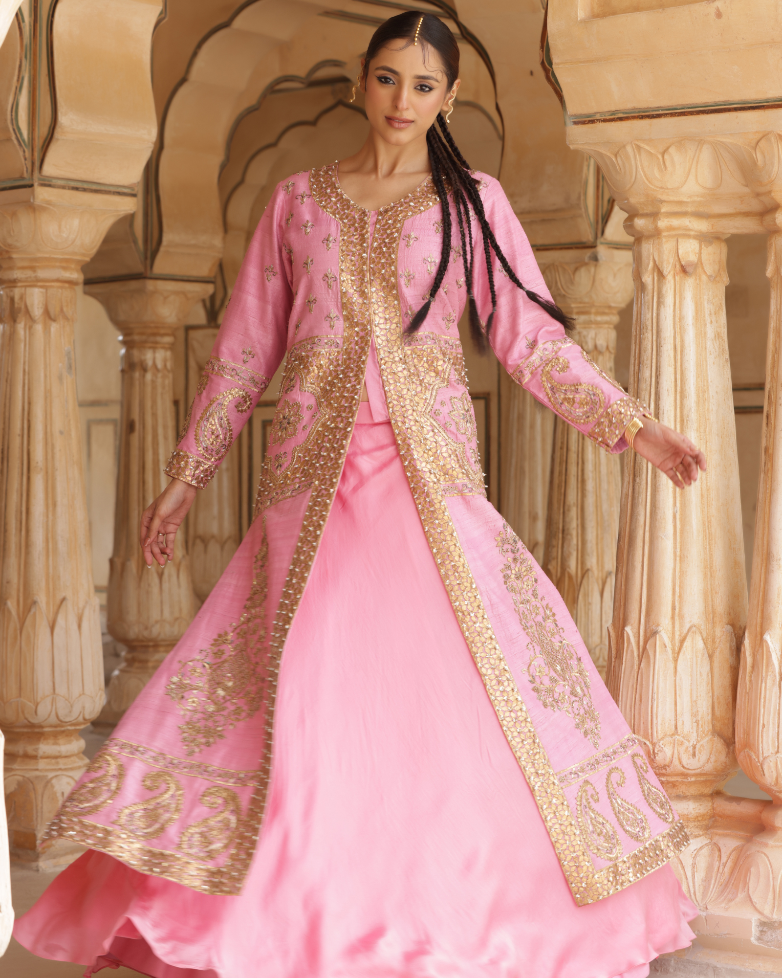 Silk Jacket Set With With Gota Work